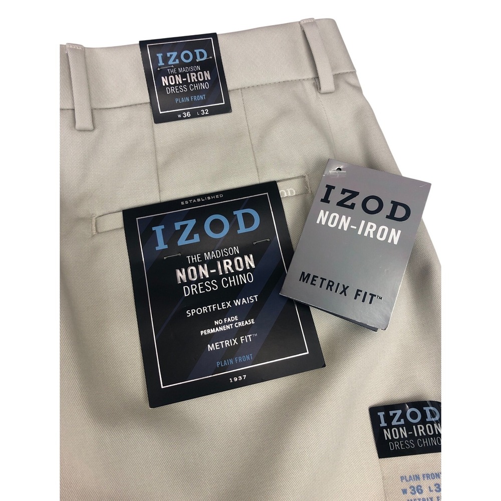 IZOD Madison Non Iron Dress Chino Pants Mens 36x32 Khaki Sportflex Metrix Fit - Picture 5 of 9